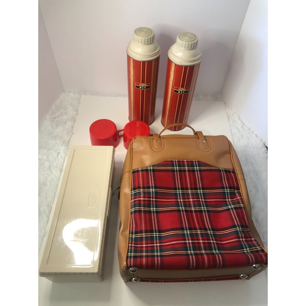 Vintage 1960s Thermos Brand Plaid Picnic Set - Tartan Bag 2 Bottles Sandwich Box